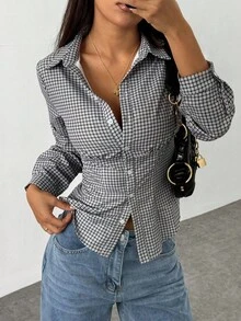 Jeanoix 女式复古格子修身性感衬衫 - 灰色 - 查看 1