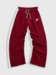 ROMWE MEN Prep Men's Contrast Color Patchwork Star Embroidery Drawstring Waist Sweatpants - Burgundy - View 1