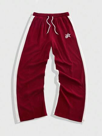 Street Life Men's Contrast Color Patchwork Star Embroidery Drawstring Waist Sweatpants