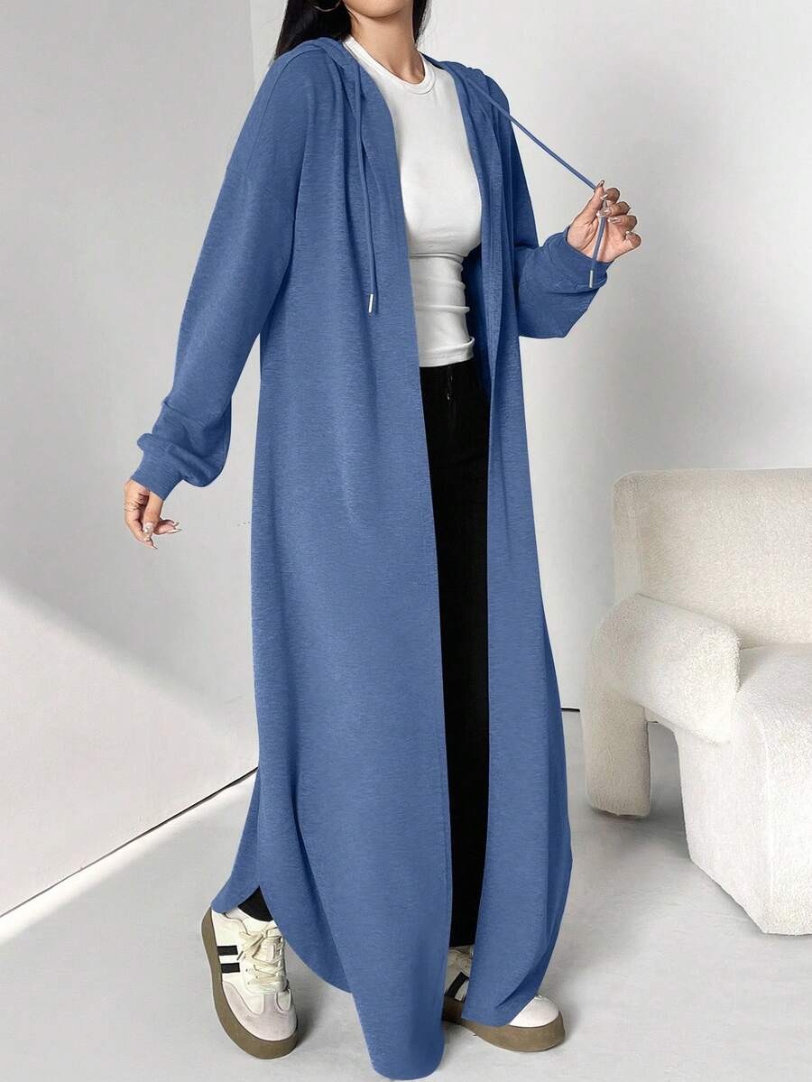 Al Najma 女士休闲纯色抽绳连帽长款阿拉伯长袍,春秋季,休闲穆斯林服装长款运动衫长袍,适合日常休闲/返校/旅行 - 霧霾藍 - 查看 1