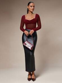 Silquee Blusa elegante de mujer con cuello de corazón, manga larga transparente y ajustada con pliegues - Burdeos - Ver 3