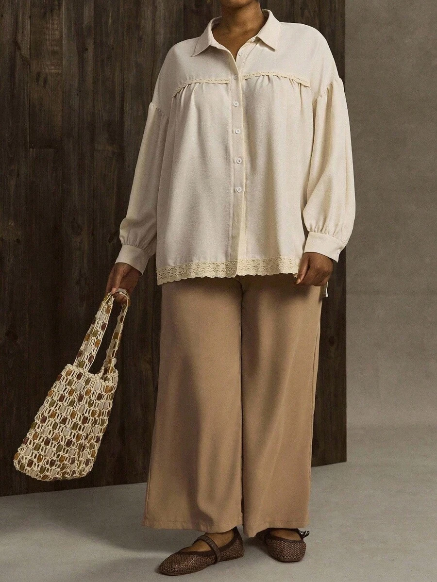 Linhara Damen Große Größen Gewebtes Patchwork Spitzenbesatz Regular Lässig Langarm Beige Bluse, Frühling/Herbst - Beige - Übersicht 1