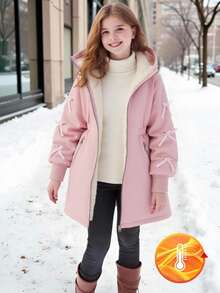 SHEIN Girls' Casual Hooded Thick Fleece Jacket, With Pink Bow Ribbon On Sleeve, Pink Zipper On Collar And Cuffs, Elastic Waist, Suitable For Autumn/Winter Outings, Travel, Walking, Shopping, Can Be Paired With Long Sleeve Sweater And Pants Fall - Pink - View 1