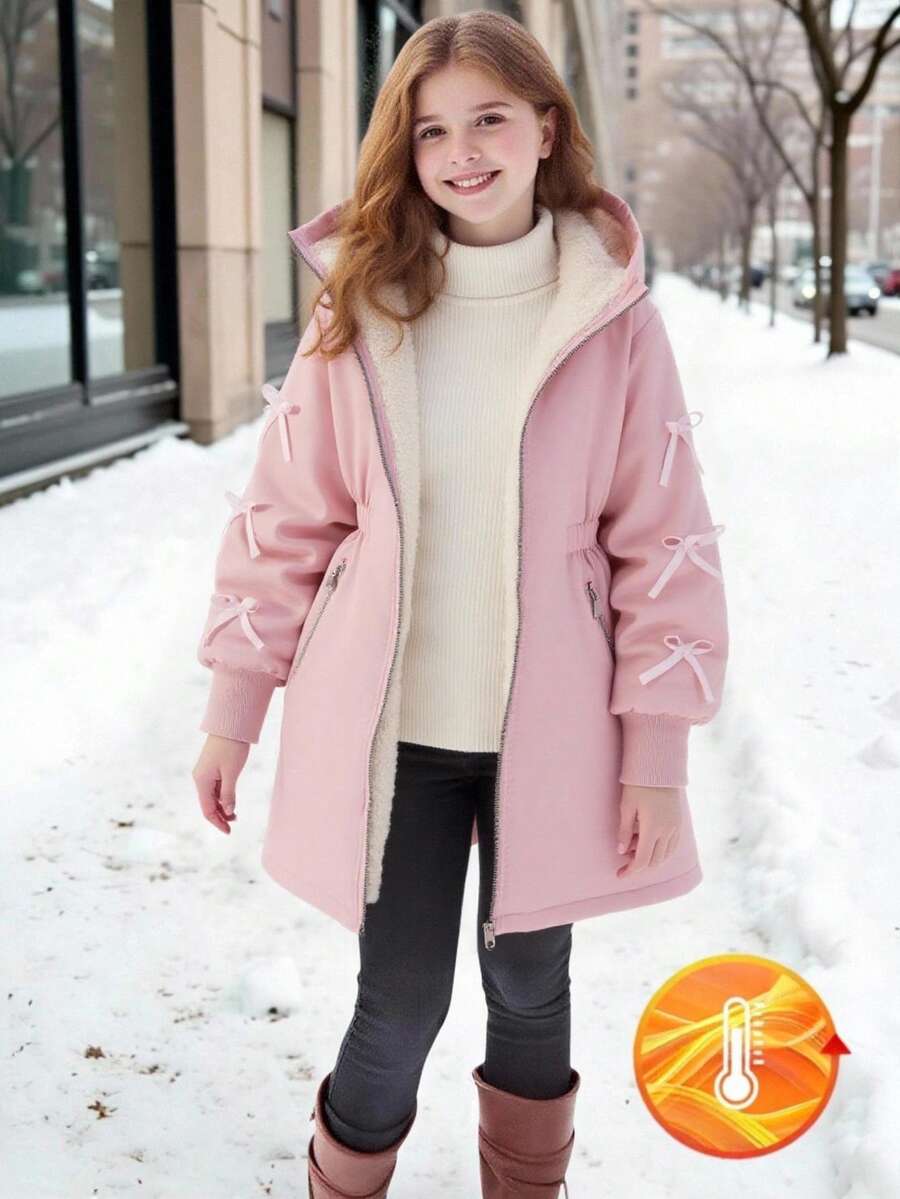 SHEIN Girls' Casual Hooded Thick Fleece Jacket, With Pink Bow Ribbon On Sleeve, Pink Zipper On Collar And Cuffs, Elastic Waist, Suitable For Autumn/Winter Outings, Travel, Walking, Shopping, Can Be Paired With Long Sleeve Sweater And Pants Fall - Pink - View 1