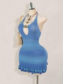 Sweetina Váy len dệt kim không tay dành cho nữ, màu xanh tươi mát cho mùa thu/đông - Màu xanh lam - Xem 5