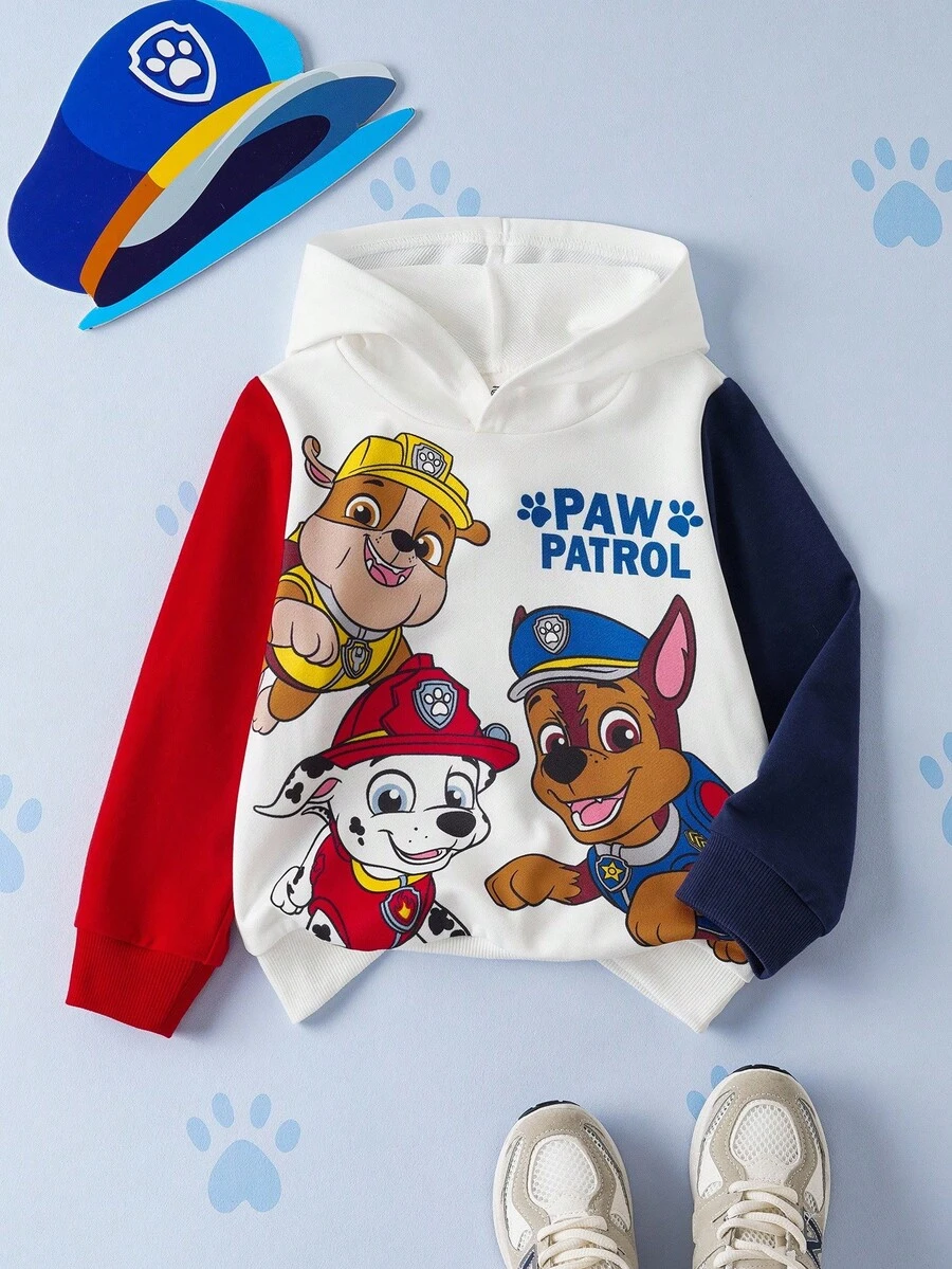 SHEIN | PAW Patrol Bluza z kapturem dla chłopca z nadrukiem uroczego psa w blokach kolorów, odpowiednia na jesień/zimę i do uprawiania sportów na świeżym powietrzu
