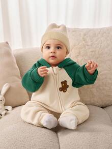 SHEIN Newborn Baby Unisex Cute Patchwork Knitted Bear Pattern Thickened Hooded Jumpsuit, Autumn/Winter Fall - Dark Green - View 5