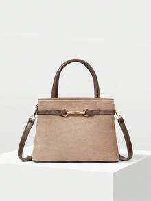 MOTF PREMIUM 通勤时尚纯色鳄鱼压纹金属扣装饰手提包，女士优雅包 - 淺灰色 - 查看 4