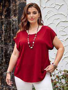 EMERY ROSE Plus Size Women Back Panel Contrast Lace Short Sleeve Elegant Blouse,Spring Clothes - Burgundy - View 1