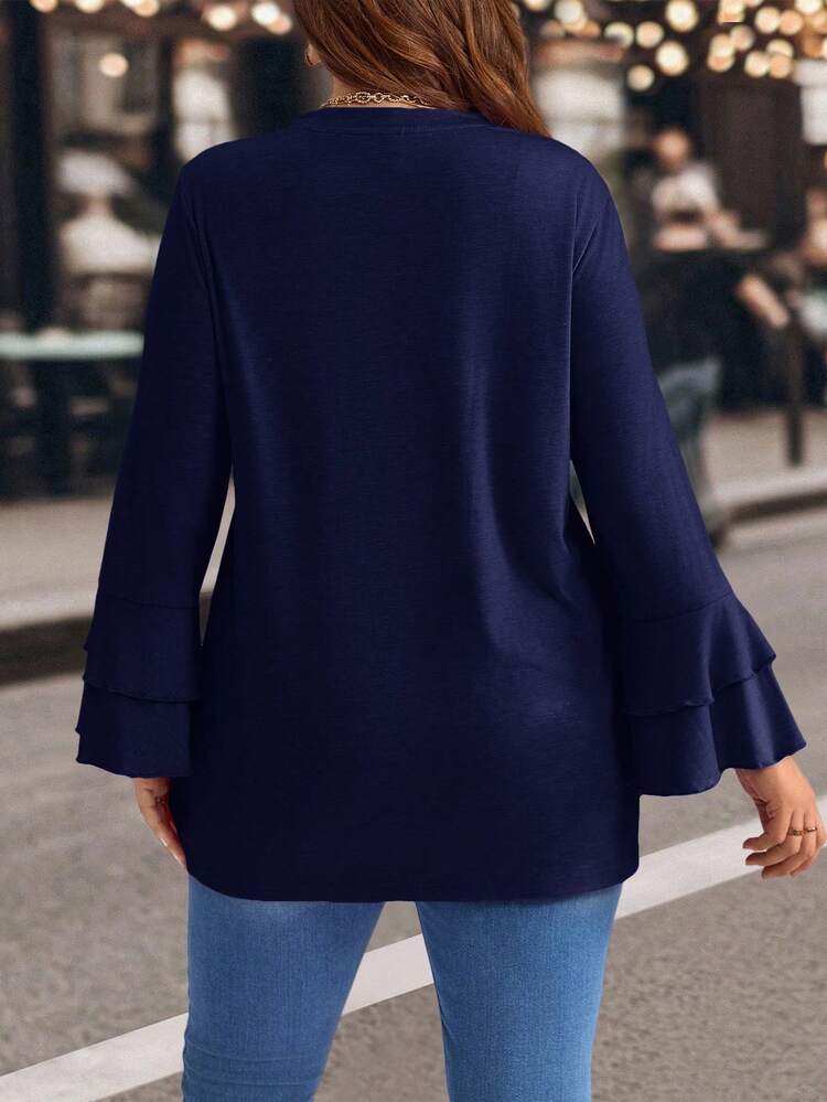 Plus Size Winter Women Casual Purple Bell Sleeve Side Slit T-Shirt