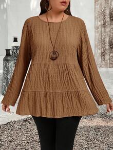 EMERY ROSE Áo cánh tay dài cổ tròn màu trơn cỡ lớn xếp ly tối giản, trang phục thường ngày, quần áo thu đông cho nữ - màu nâu - Xem 4