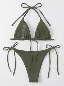 Swim Basics Summer Beach Mono Bikini Set Halter Triangle Bra & Tie Side Bottom 2 Pieces Bikini - Army Green - View 2