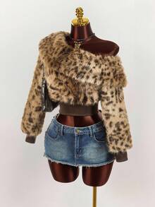Amplova 秋冬女士时尚不对称领仿皮草豹纹夹克 - 彩色 - 查看 1