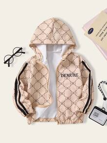 1 件女童连帽夹克，时尚休闲条纹字母印花全印花夹克 - 黃色 - 查看 1