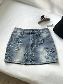 Elamini Women's Cross Patch Pocket Bodycon Denim Mini Skirt - Blue - View 6