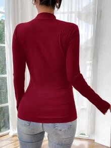 SHEIN 孕妇纯色立领长袖罗纹修身休闲T恤 酒红色上衣 女士冬季上衣 女士毛衣 孕妇上衣 女士长袖上衣 - 酒紅色 - 查看 2