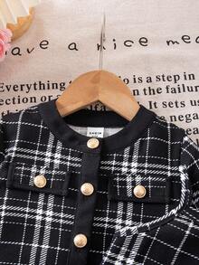 SHEIN Babygirl Cute Black & White Houndstooth Print Long Sleeve Dress & Jacket Set Fall Winter - Black - View 4