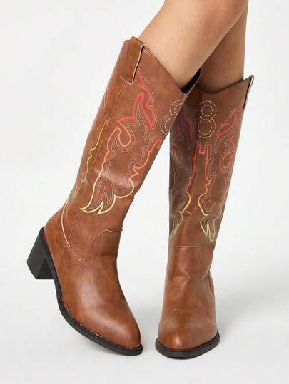 Stivali western marroni, stivali alti con ricamo slip-on, stivali in pelle da motociclista sopra il ginocchio, stivali sopra il ginocchio con tacco chunky, stivali western da donna, stivali al polpaccio