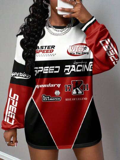 Slaydiva Plus Size Women Casual Street Style Round Neck Long Sleeve Long T-Shirt, Street Graphic Print, Racing Car Print, Autumn/Winter Red Jersey Women Jersey