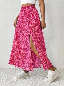 SHEIN PETITE CURVE 加大码女式碎花高开衩裙，夏季女式夏季高开衩长裙，适合身材较矮的度假乡村音乐会人士 - 玫紅色 - 查看 3