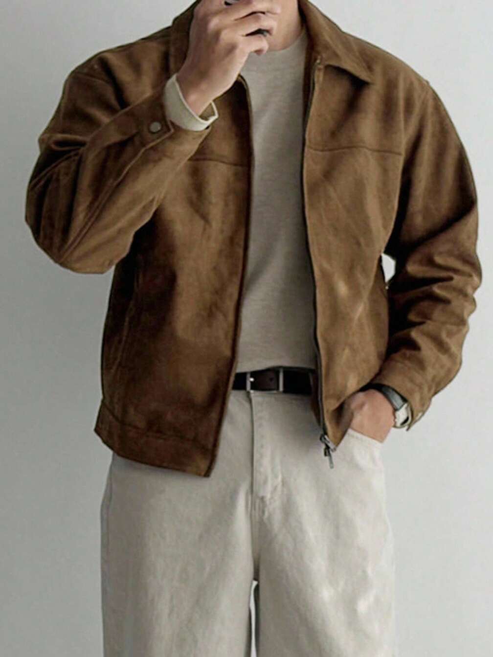 Men's Solid Brown Suede Faux Fur Jacket, Autumn｜DAZY