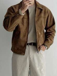 DAZY Men's Solid Brown Suede Faux Fur Jacket, Autumn