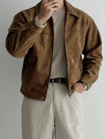 DAZY Men's Solid Brown Suede Faux Fur Jacket, Autumn