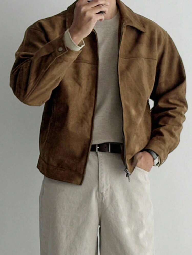 Men's Solid Brown Suede Faux Fur Jacket, Autumn