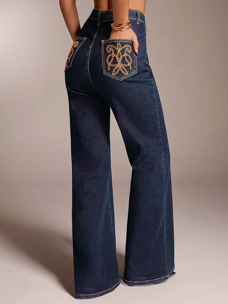 Avantive 女式复古休闲刺绣细节喇叭牛仔裤 - 藍色 - 查看 1