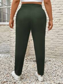 SHEIN Essnce 大码女式口袋贴片铅笔裤，休闲时尚百搭度假 - 綠色 - 查看 2