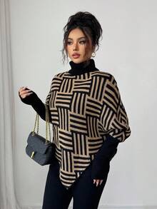 Elenzga Women's Elegant High Neck Geometric Textured Poncho Sweater, Colorblock, Suitable For Home & Travel, Spring/Autumn - Black - View 5