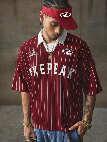  AXEPEAK 休闲运动棒球 Polo 衫，字母印花，拼色，短袖，短款，男款