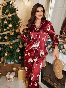LuxeNights 圣诞元素印花仿丝披肩领女士睡衣套装，秋季服装 - 紅色 - 查看 3