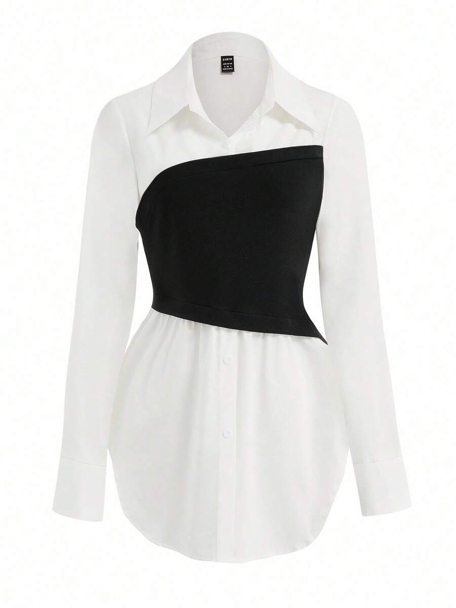 GlowEve Gothic Style Collared Long Sleeve Patchwork Top With A-Line Hem, Suitable For Office Wear And Daily Outfit, Autumn/Winter