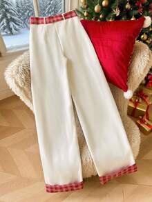 GlowEve Quần ống rộng họa tiết kẻ caro vá lỗi Giáng sinh dành cho nữ - Màu be - Xem 2