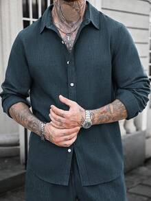 Manfinity CasualCool Men's Solid Color Casual Linen Long Sleeve Shirt, Fall Teal Men Shirt Casual Men Shirt Boho Men Shirt Men Textured Shirt Men Shirts Linen, Formal - Green - View 3