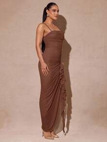 Silquee Elegant Sage Green Romantic Ruffle Sleeve High Slit Dress, Lace Bodycon Party Dress For Women, Suitable For Valentine's Day, Date, Wedding, Prom - Brown - View 5