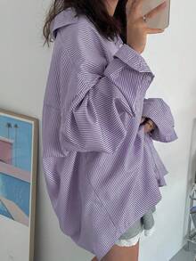 DAZY 女式翻领宽松条纹百搭衬衫，蓝色，春夏秋装，秋季女装长袖上衣 - 紫色 - 查看 2