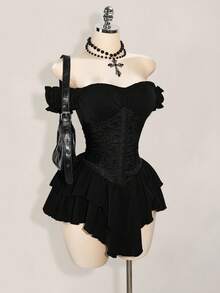 SHEIN ICON Women's White Ruched Jacquard Waist Tie Splice Ruffle Trim Off Shoulder Layered Ruffle Hem A-Line Chiffon Mini Dress, Elegant For Party & Casual,Party Dresses For Women - Black - View 4