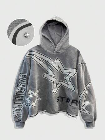 Street Life Men Vintage Shiny Pentagram Pattern Loose Fit Hoodie Sweatshirt, Fall
