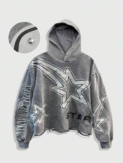 Street Life Men Vintage Shiny Pentagram Pattern Loose Fit Hoodie Sweatshirt, Fall