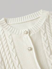 SHEIN MOD Plus-Size Women's White Casual/Work Cardigan, Simple Solid Color, Round Neck, Lantern Sleeves, Wide Hem, Single-Breasted, Suitable For Autumn And Winter,  Warm Coat. - White - View 4