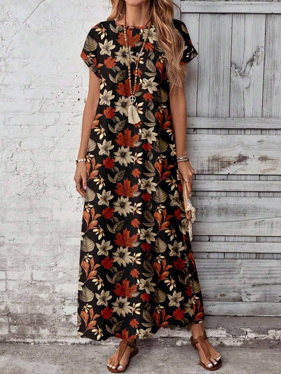 EMERY ROSE Casual Versatile Retro Autumn Leaf Flower Pattern Summer Dress For Women, Suitable For Outings - Multicolor - View 1