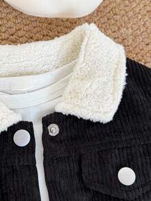 Playful Pals 男婴黑色灯芯绒纽扣前口袋仿毛领长袖夹克，休闲舒适，适合外出或休闲，百搭秋冬 - 黑色 - 查看 3
