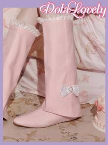 Dola Lovely Women's Pointed Toe Bow Decor Patchwork Ruffle Trim Mid-Calf Boots - Pink - View 6