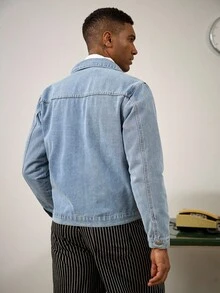 RivetRise Casual Faded Washed Blue Fitted Denim Jacket With Large Pockets, Spring/Autumn