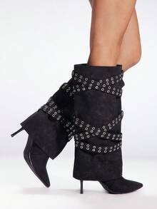 Sugerpunk Women's New Pointed Toe Stiletto Heel Studded Thigh High Boots, Black - Black - View 6