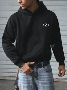 AXEPEAK 男士几何印花长袖休闲宽松连帽运动衫，秋季，秋冬 - 黑色 - 查看 7