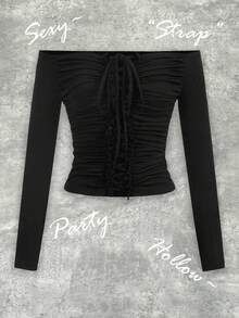 Y2Kool 女士褶皱抹胸露背性感长袖T恤，适合派对、万圣节、Y2K街头风格、秋冬搭配灵感，休闲时尚服装系列，新年穿搭 - 黑色 - 查看 1