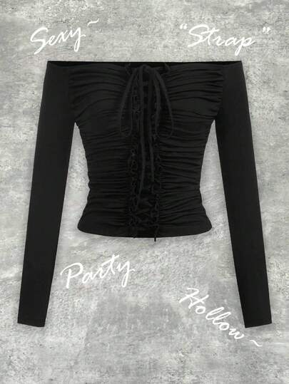 Y2Kool Camiseta larga de manga larga con escote bandeau y espalda descubierta, con pliegues, sexy, adecuada para fiestas, Halloween, estilo callejero Y2K, idea de combinación para otoño/invierno, colección de ropa casual y elegante, atuendos de Año Nuevo